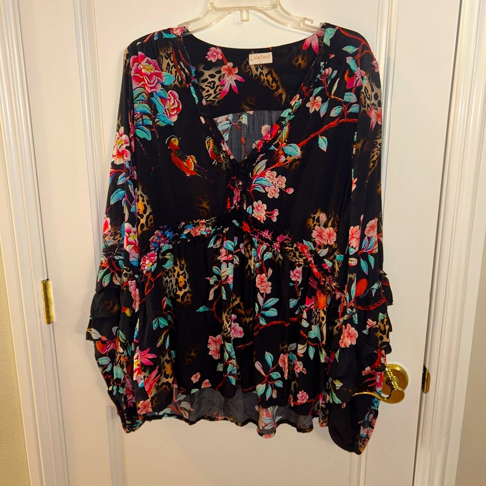 Lula Soul Floral, Birds, and Animal Print Blouse with a Balloon Ruffled Sleeve
